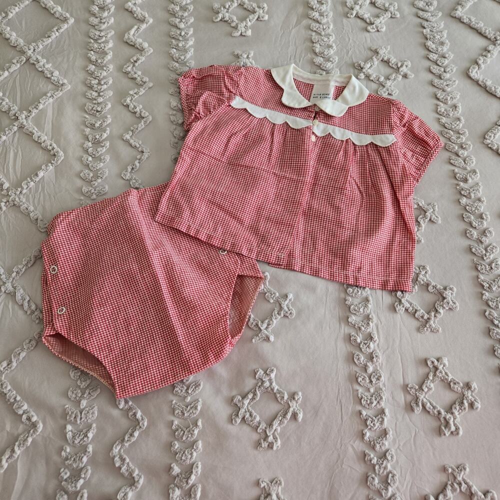 Vintage 70s Crib-Age Fashion 2 Pc Baby Outfit XL Red White Gingham Americana - Picture 11 of 11